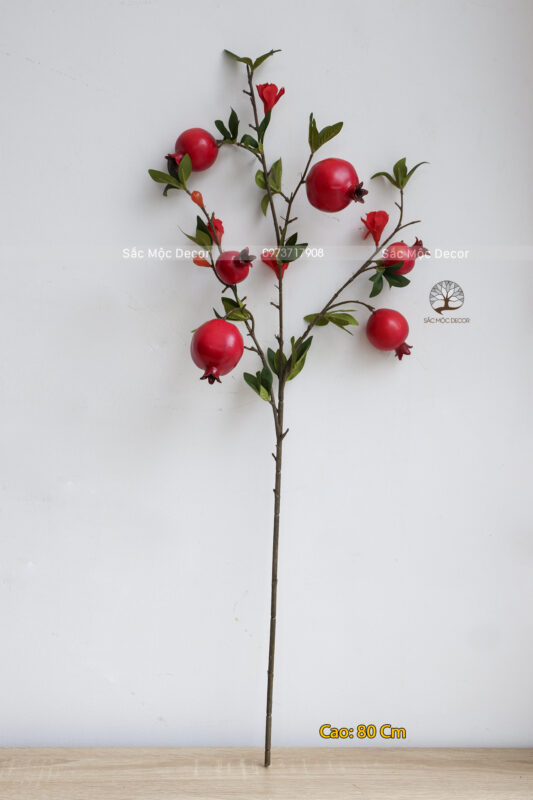 Cành Lựu Giả Có Hoa Cam Đỏ 80cm