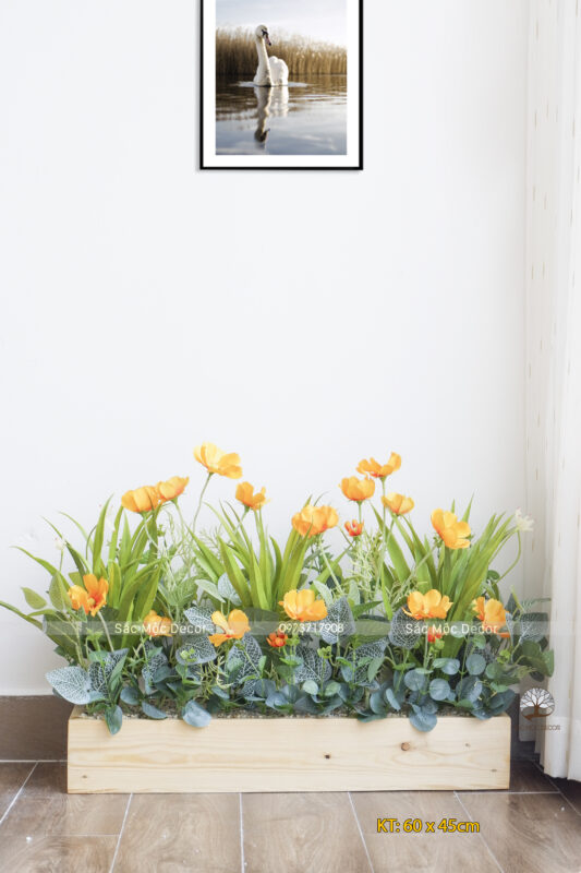 Bồn Tiểu Cảnh Hoa Cúc Vàng Giả Cao 45cm