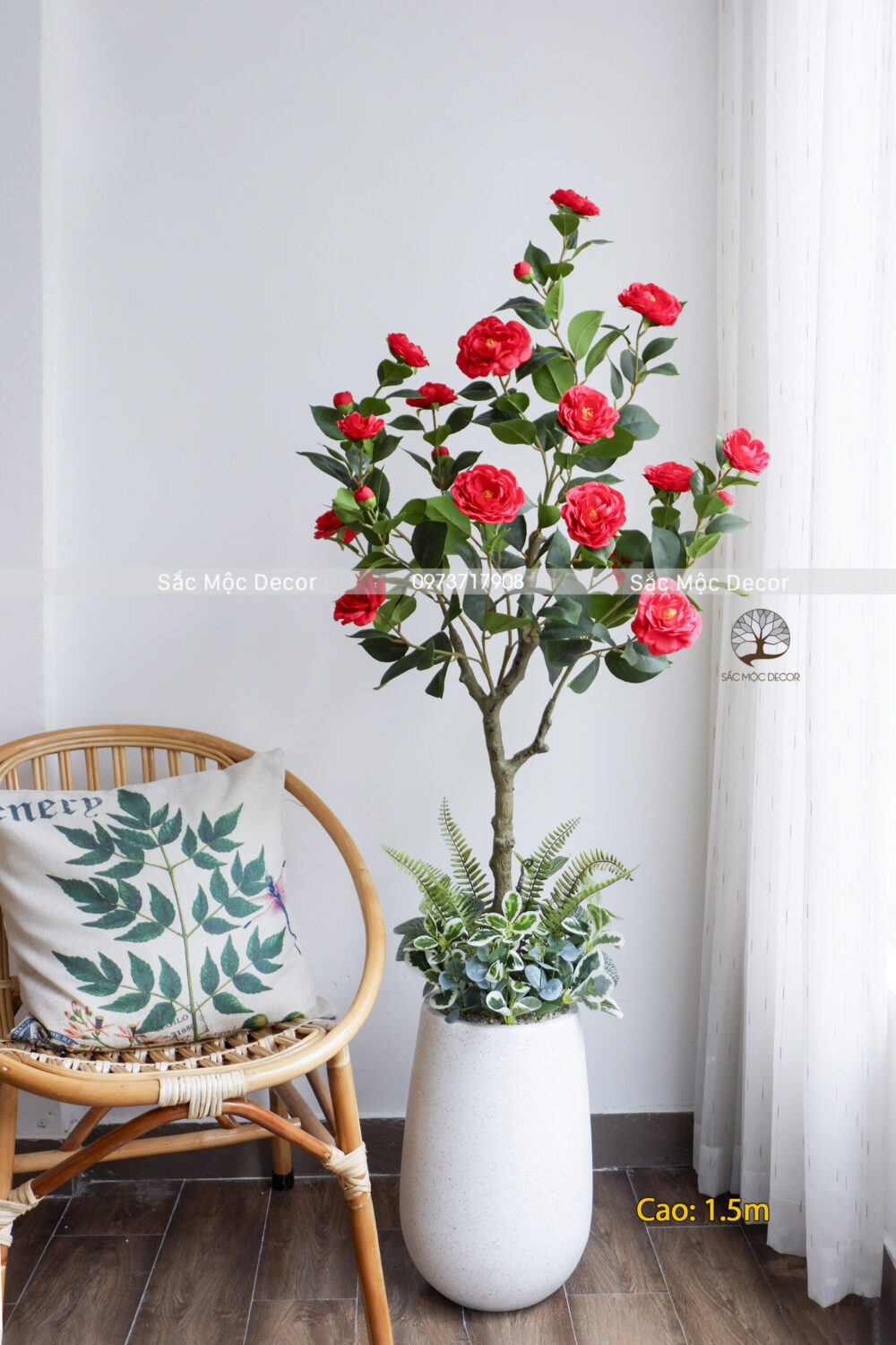 Cây Hoa Trà Màu Đỏ Giả Cao 1,5m