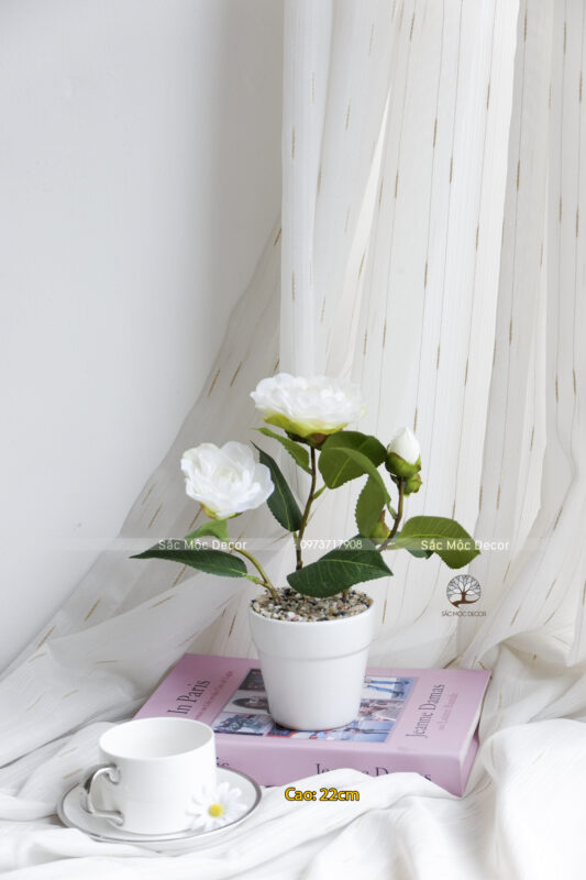 Chậu Hoa Trà Trắng Giả Để Bàn Cao 29cm